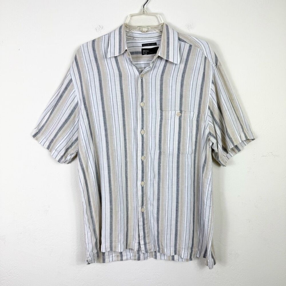 Marc Edwards Washable Linen White Striped Short Sleeve Button Up Shirt Size M
